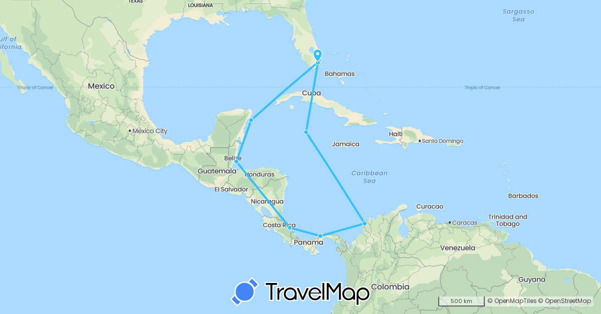 TravelMap itinerary: plane, boat in Belize, Colombia, Costa Rica, Cayman Islands, Mexico, Panama, United States (North America, South America)